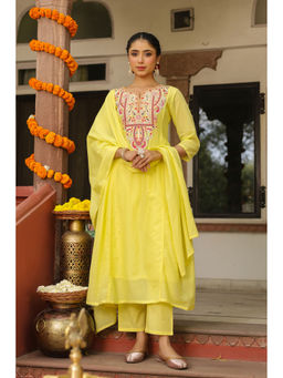 Scakhi - Yellow Cotton Mulmul Embroidered Gathered Kurta Set(Set of 3)
