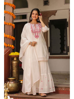 Scakhi - Off White Cotton Mulmul Embroidered Sharara Set(Set of 3)