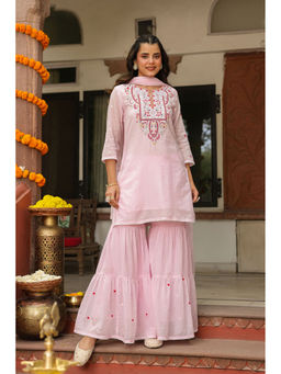 Scakhi - Pink Cotton Mulmul Embroidered Sharara Set(Set of 3)
