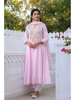 Scakhi - Pink Cotton Mulmul Yoke Embroidered Kurta Set(Set of 3)