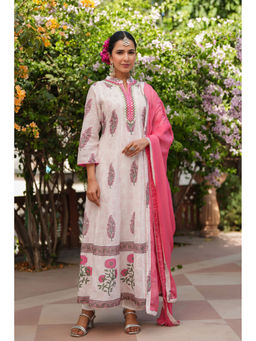 Scakhi - Fuchsia Cotton Mulmul Floral Block-Printed Kurta Set(Set of 3)