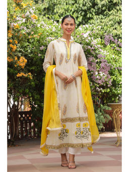 Scakhi - Mustard Cotton Mulmul Floral Block-Printed Kurta Set(Set of 3)(2XL)