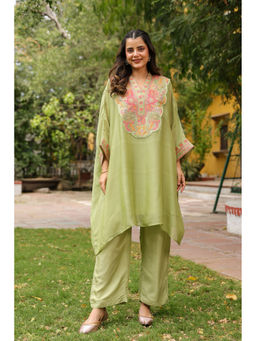 Scakhi - Green Organza Silk Embroidered Kaftan Set(Set of 3)