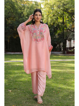 Scakhi - Peach' Organza Silk Embroidered Kaftan Set(Set of 3)