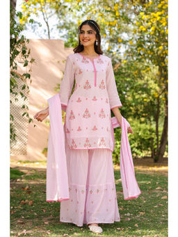 Scakhi - Pink Mulmul Embroidered Sharara Set(Set of 3)