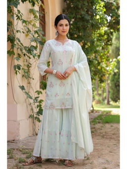 Scakhi - Pistagreen Mulmul Embroidered Sharara Set(Set of 3)