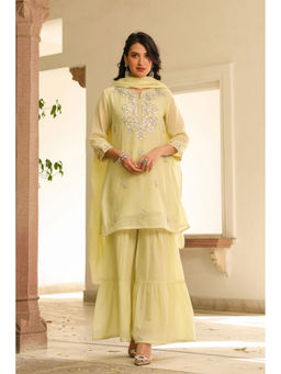 Scakhi - Lime Green Mulmul Gota Patti Embroidered Sharara Set(Set of 3)