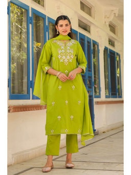 Scakhi - Green Cotton Cambric Gota Patti Embroidered Straight Kurta Set(Set of 3)