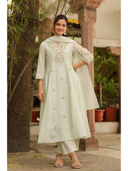 Scakhi - Pistagreen Mulmul Gota Patti and Zari Embroidered Anarkali Set(Set of 3)