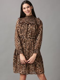 SHOWOFFFF - Womens Fit And Flare Brown Printed Dress (Set of 2)