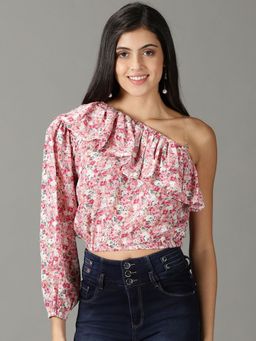 SHOWOFF - Womens Printed Pink Cinched Waist Top