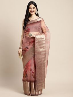 Sareemall - Womens Organza Brown Digital Print Designer Saree with Unstitched Blouse