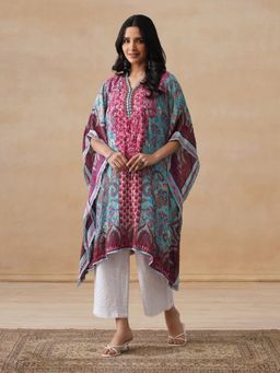 House of Chikankari - Womens Blue Crepe Chikankari Straight Short Kaftan