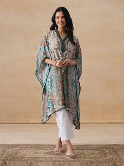 House of Chikankari - Womens Green Crepe Chikankari Straight Short Kaftan