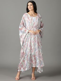 SHOWOFF - Womens Printed Round Neck White Maxi Dress
