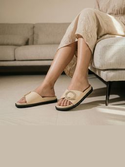 CHLLEN - Beige Opal Crystal Buckle Flats