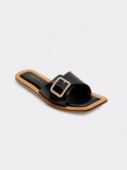 CHLLEN - Noir Crystal Buckle Contrast Flats