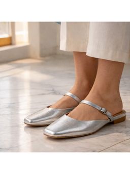 CHLLEN - Metallic Silver Mary Jane Mule Flats