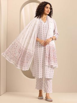 Libas - Pink and Off White Floral Printed Kurta with Pant and Dupatta (Set of 3)
