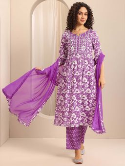 Libas - Purple Floral Printed A-Line Kurta with Pant and Chiffon Dupatta (Set of 3)