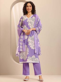 Libas - Lavender Floral Printed Straight Kurta with Pant and Dupatta (Set of 3)