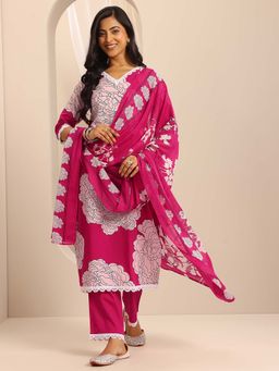 Libas - Pink Floral Printed Straight Kurta with Pant and Dupatta (Set of 3)