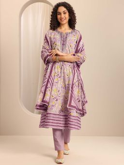 Libas - Mauve Floral Printed Gotta Patti Anarkali Kurta with Pant and Dupatta (Set of 3)