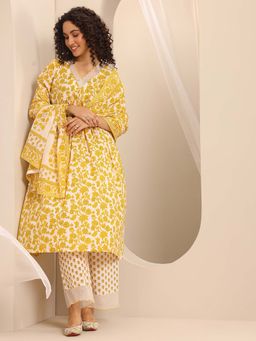 Libas - Yellow Floral Printed Anarkali Kurta with Pant and Dupatta (Set of 3)