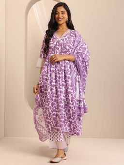 Libas - Purple Floral Printed Anarkali Kurta with Pant and Dupatta (Set of 3)