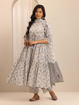 Libas - Beige Floral Printed Anarkali Kurta with Pant and Dupatta (Set of 3)