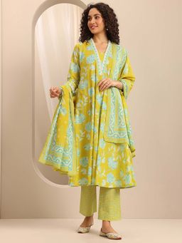 Libas - Yellow Floral Printed Anarkali Kurta with Pant and Dupatta (Set of 3)