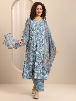 Libas - Blue Floral Printed Anarkali Kurta with Pant and Dupatta (Set of 3)