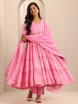 Libas - Pink Floral Printed Anarkali Kurta with Pant and Dupatta (Set of 3)