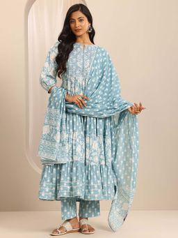 Libas - Blue Floral Printed Gotta Patti Anarkali Kurta with Pant and Dupatta (Set of 3)