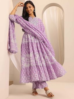 Libas - Lavender Floral Printed Gotta Patti Anarkali Kurta with Pant and Dupatta (Set of 3)