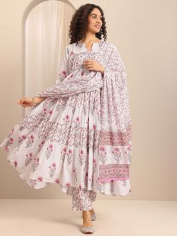 Libas - Off White Floral Printed Anarkali Kurta with Pant and Dupatta (Set of 3)