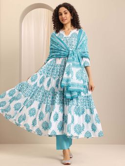 Libas - Blue Floral Printed Anarkali Kurta with Pant and Dupatta (Set of 3)