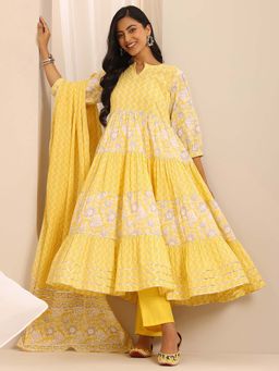 Libas - Yellow Floral and Chevron Printed Anarkali Kurta with Pant and Dupatta (Set of 3)