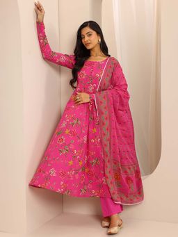 Libas - Pink Floral Printed Anarkali Kurta with Pant and Dupatta (Set of 3)