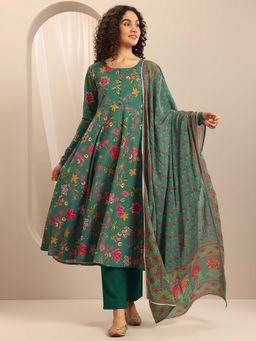 Libas - Green Floral Printed Anarkali Kurta with Pant and Dupatta (Set of 3)