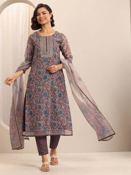 Libas - Taupe Floral Printed Kurta with Pant and Dupatta (Set of 3)