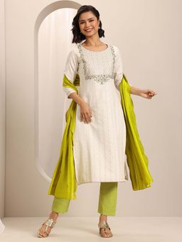 Libas - Off White and Green Floral Woven Design Kurta with Pant and Dupatta (Set of 3)