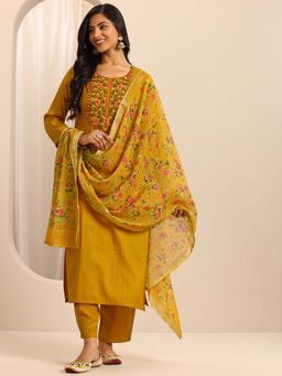 Libas - Mustard Green Floral Embroidered Kurta with Pant and Dupatta (Set of 3)
