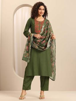 Libas - Olive Green Floral Embroidered Kurta with Pant and Dupatta (Set of 3)
