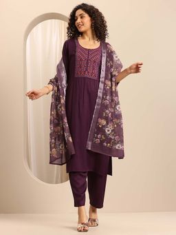 Libas - Wine Floral Embroidered Woven Kurta with Pant and Dupatta (Set of 3)
