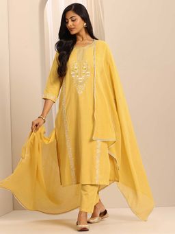 Libas - Yellow Floral Embroidered Kurta with Pant and Dupatta (Set of 3)