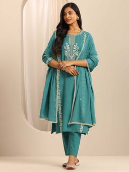 Libas - Rama Teal Floral Embroidered Kurta with Pant and Dupatta (Set of 3)