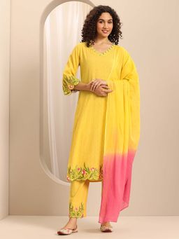 Libas - Yellow Woven Embroidered Straight Kurta with Pant and Dupatta (Set of 3)