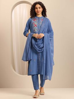 Libas - Blue Floral Embroidered Kurta with Pant and Dupatta (Set of 3)
