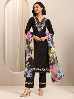 Libas - Black Floral Embroidered Kurta with Pant Anddupatta (Set of 3)